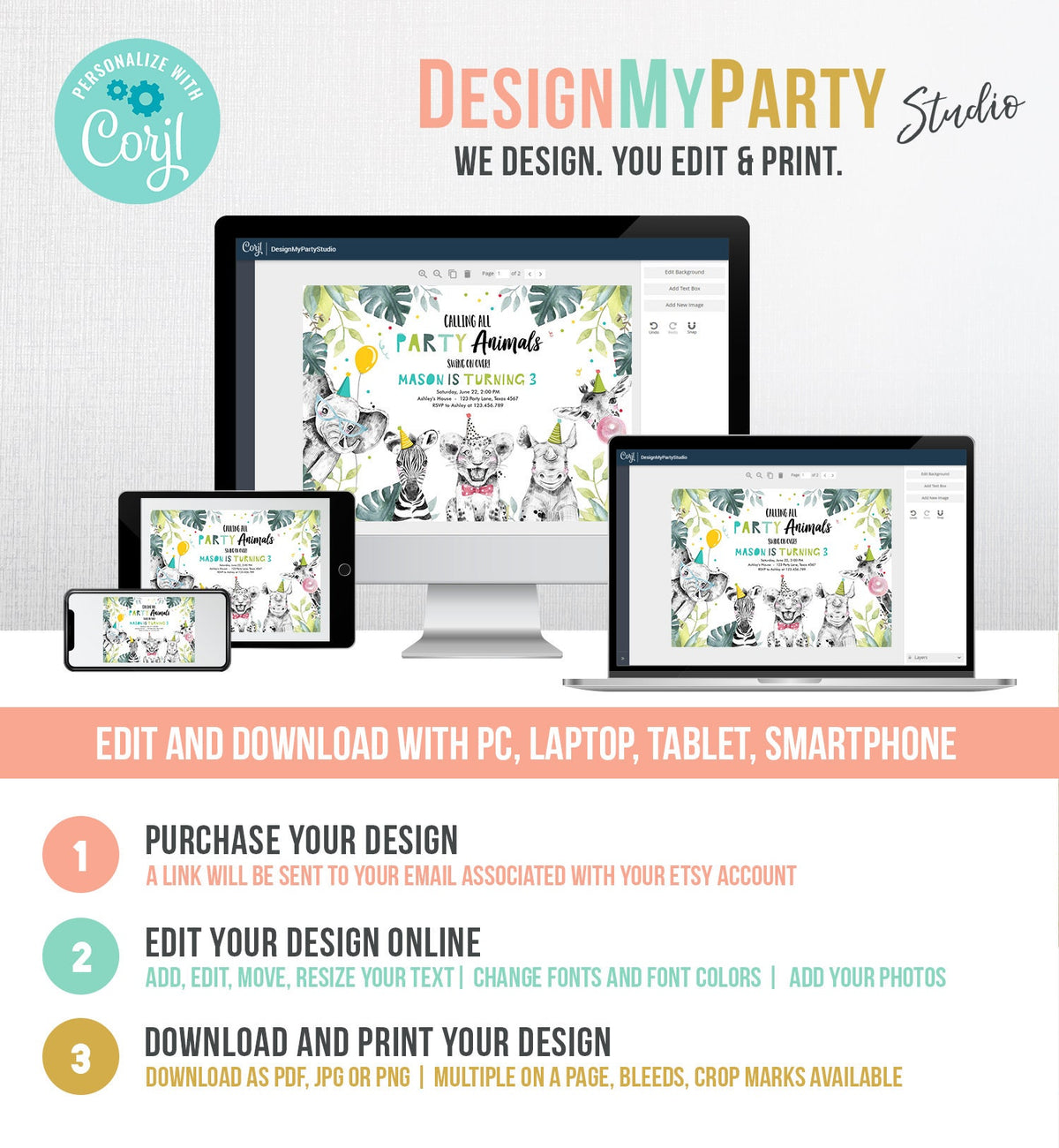 Editable Party Animals Birthday Invitation Boy Safari Animals Wild One Calling all Animals Zoo Jungle Download Evite Template Printable 0322