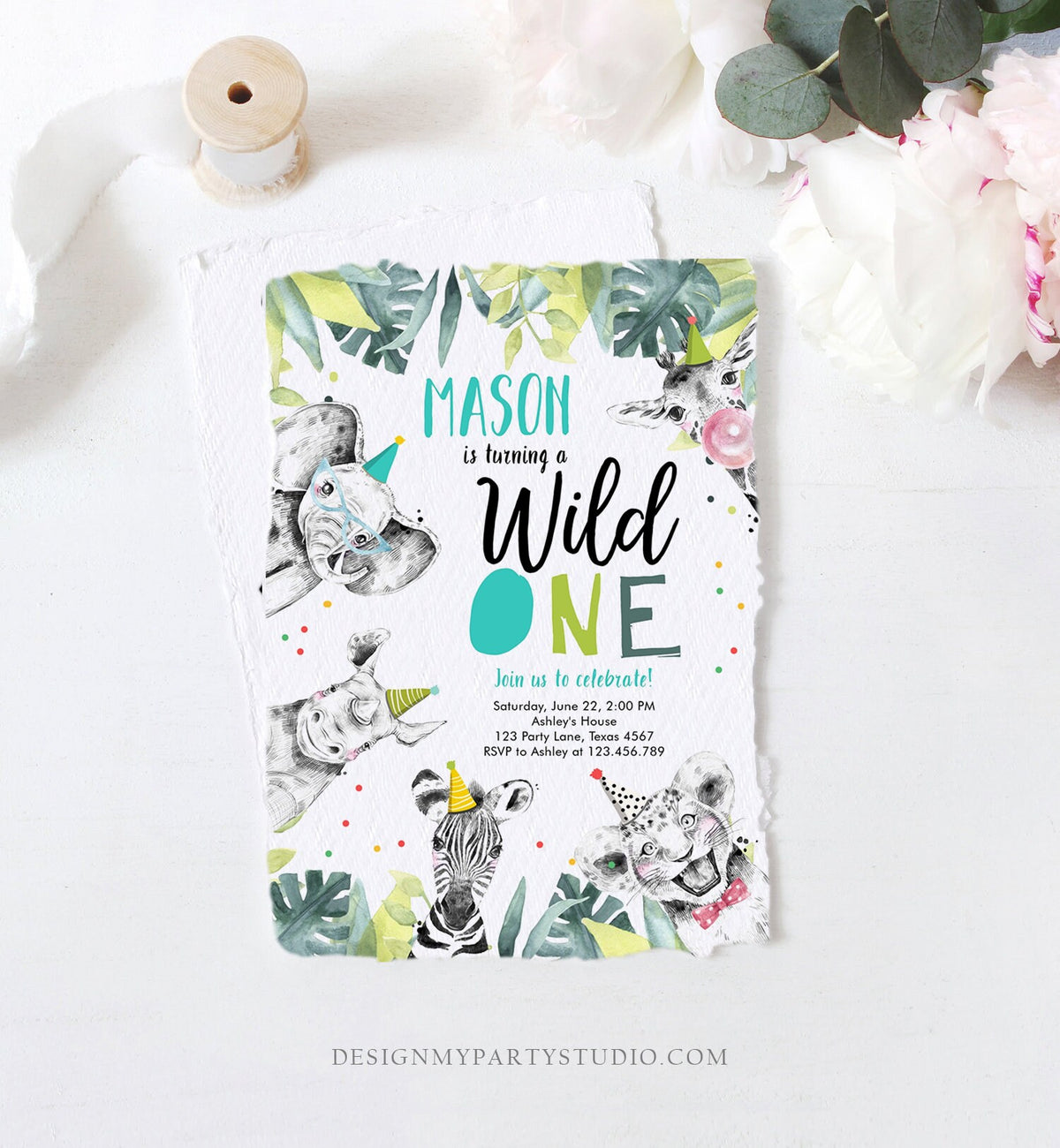 Editable Wild One Birthday Invitation Boy First Birthday Safari Animals Party Animals Born to be Wild Jungle Digital Template Printable 0322