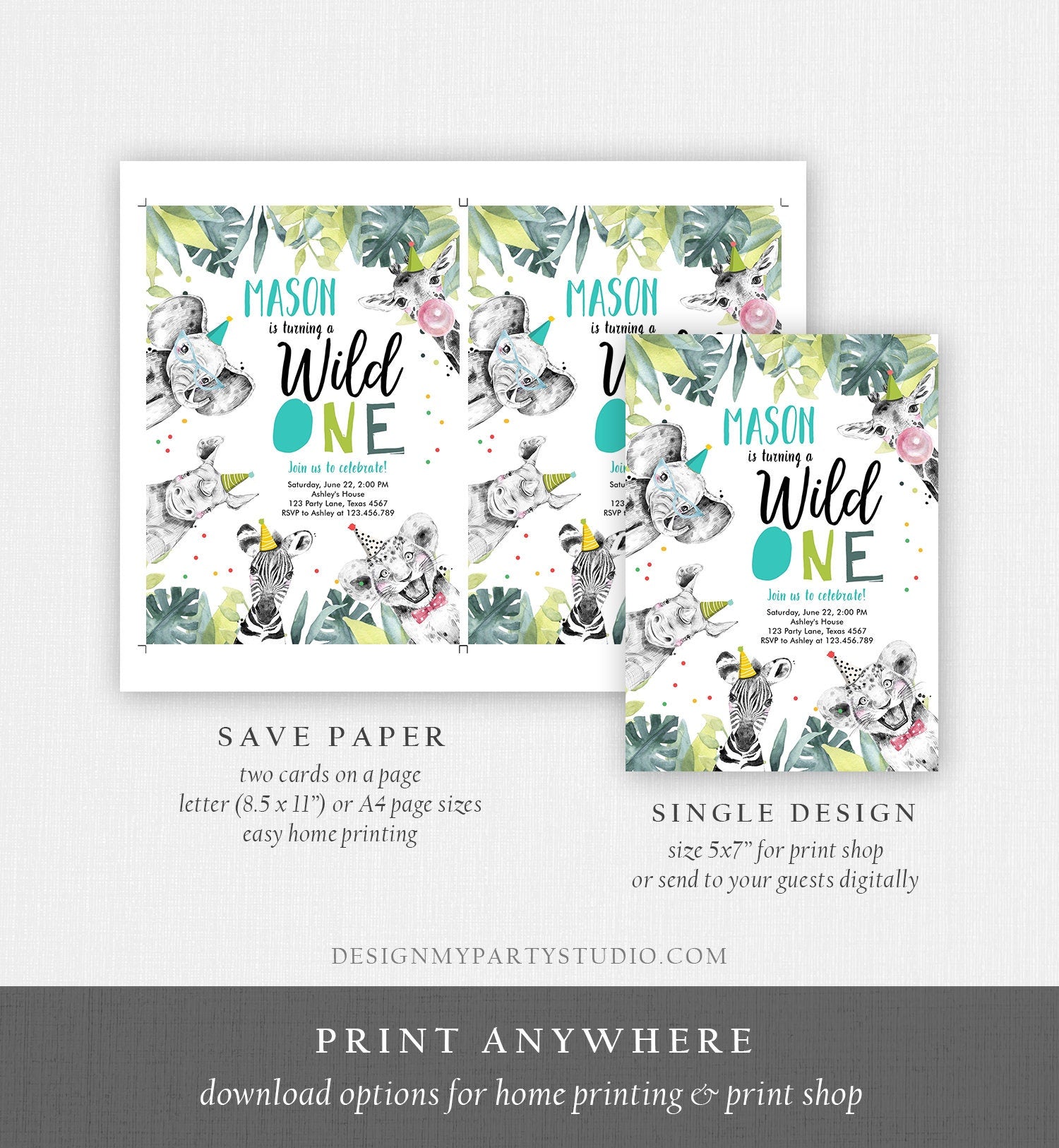 Editable Wild One Birthday Invitation Boy First Birthday Safari Animals Party Animals Born to be Wild Jungle Digital Template Printable 0322
