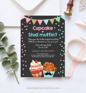Editable Cupcake or Stud Muffin Gender Reveal Party Invitation Boy or Girl He or She Pink or Blue Download Editable Printable Corjl 0229