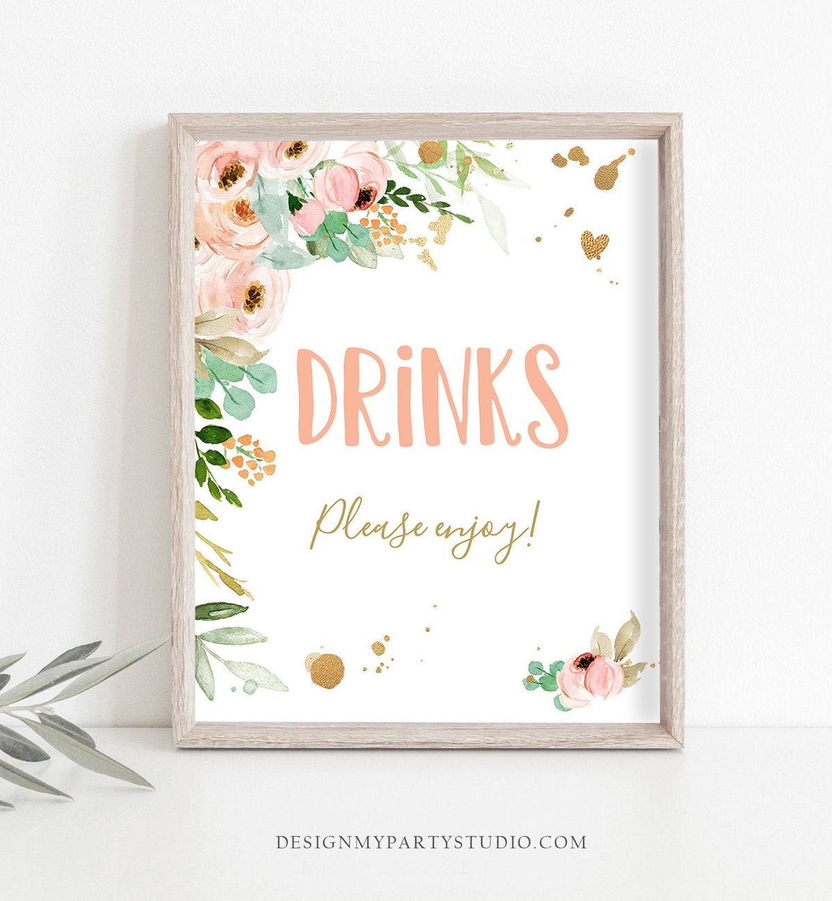 Drinks Sign Miss Onederful Birthday Party Sign Flowers Blush Pink Gold Coral Peonies Table Sign Decorations Instant Download Printable 0147
