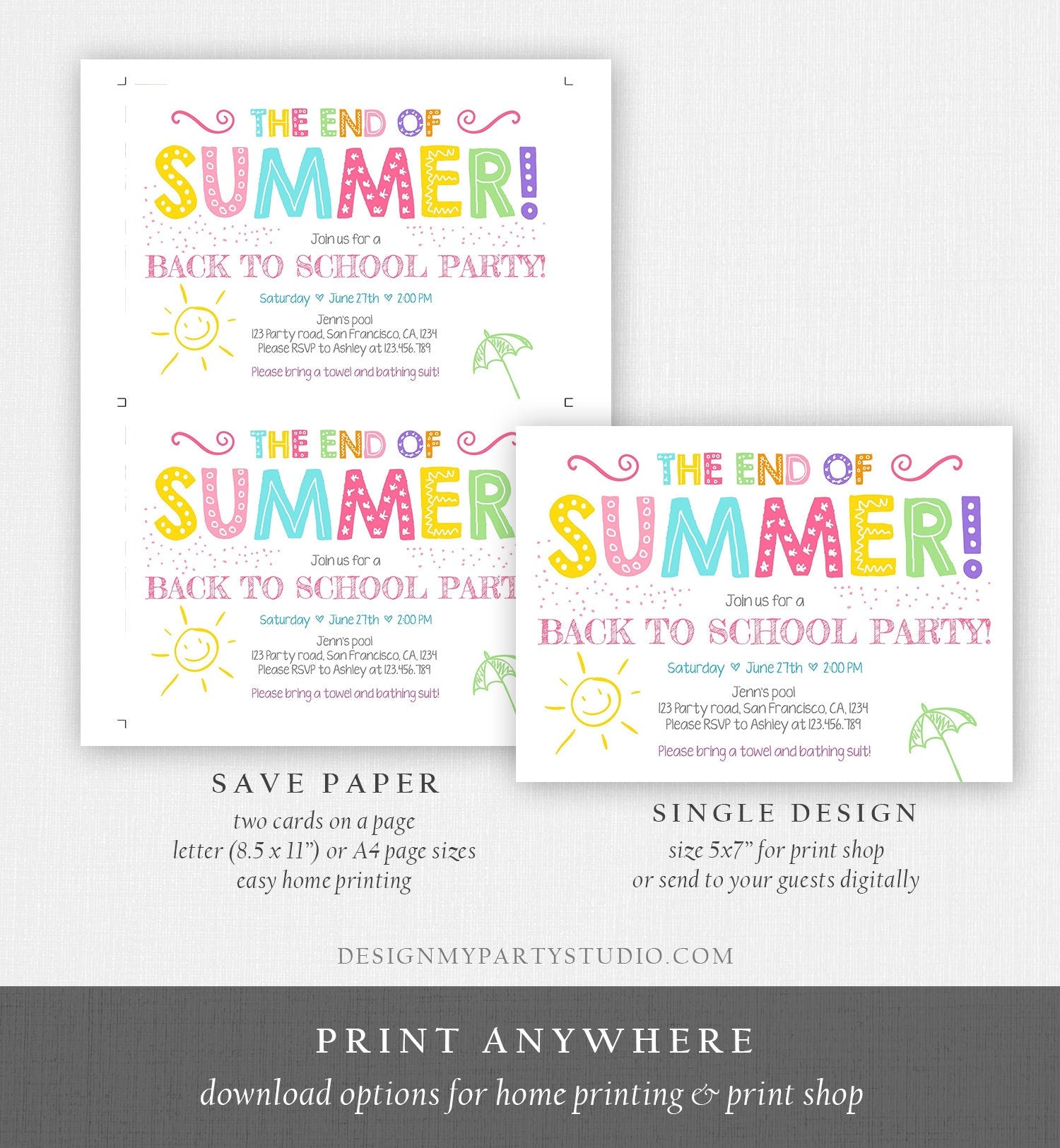 Editable End Of The Summer Pool Party Invitation Back to School Splish Splash Birthday Swimming Download Corjl Template Printable 0156