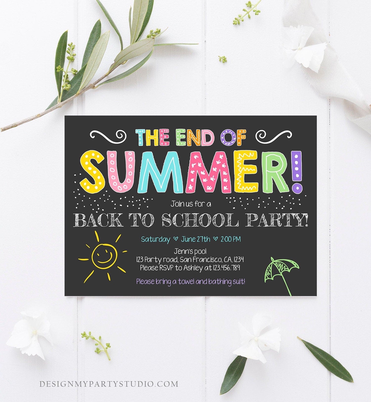 Editable End Of The Summer Pool Party Invitation Back to School Splish Splash Birthday Swimming Download Corjl Template Printable 0156