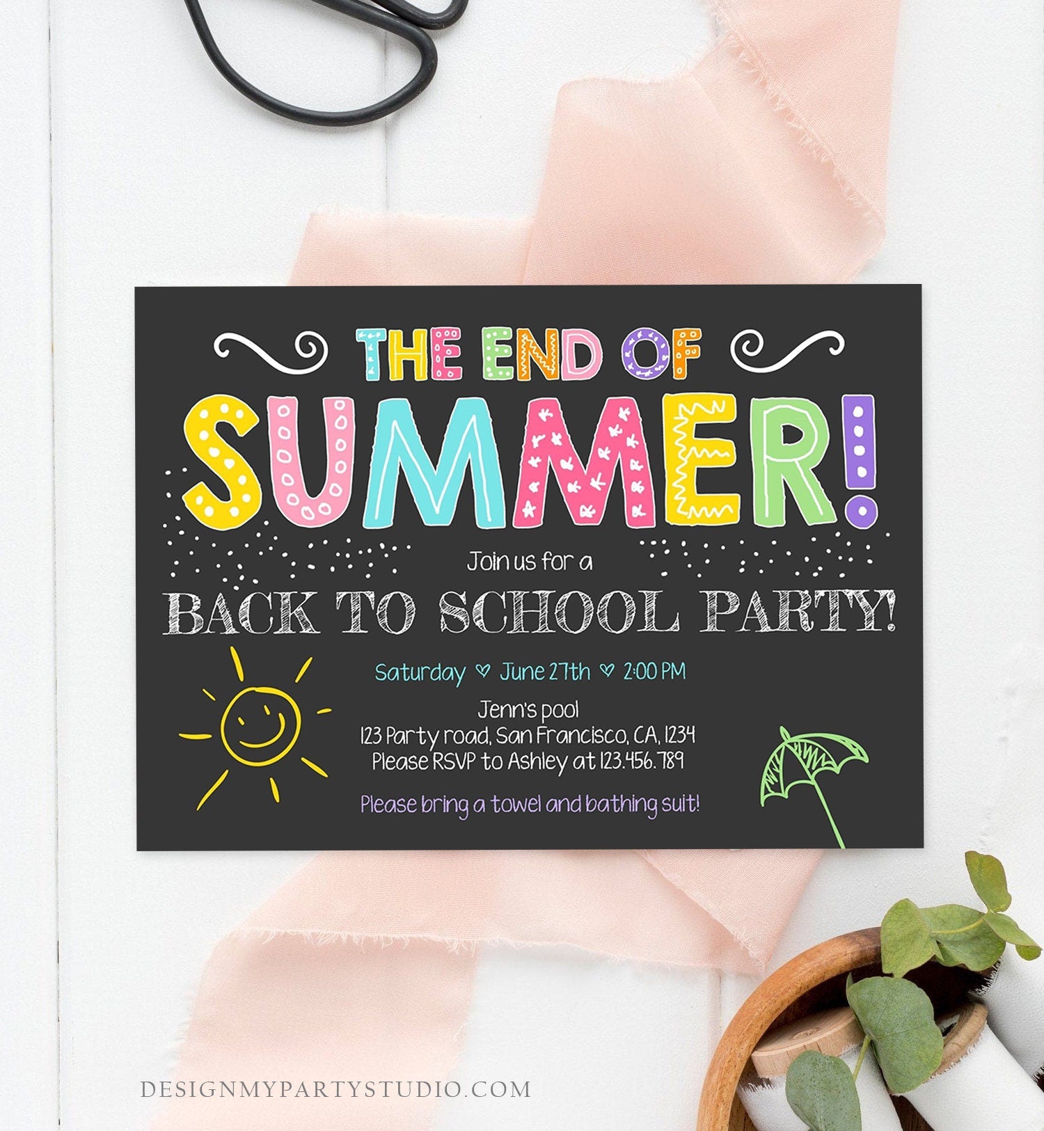 Editable End Of The Summer Pool Party Invitation Back to School Splish Splash Birthday Swimming Download Corjl Template Printable 0156