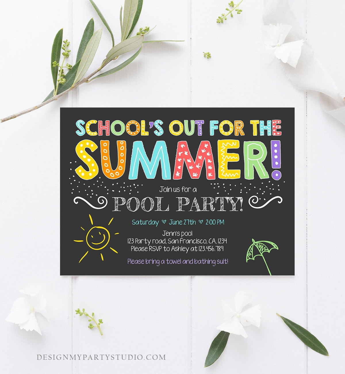 Editable School&#39;s Out For The Summer Pool Party Invitation Boy Girl Splish Splash Birthday Swimming Download Template Printable 0156