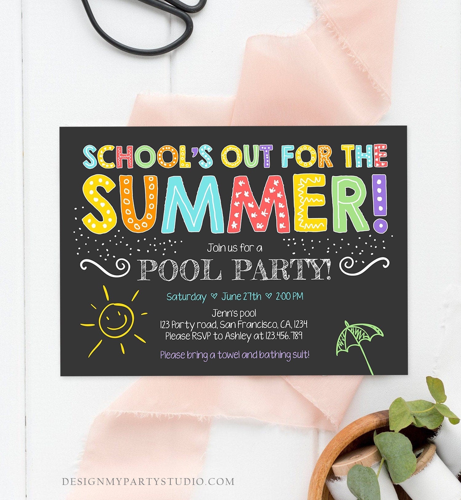 Editable School's Out For The Summer Pool Party Invitation Boy Girl Splish Splash Birthday Swimming Download Template Printable 0156