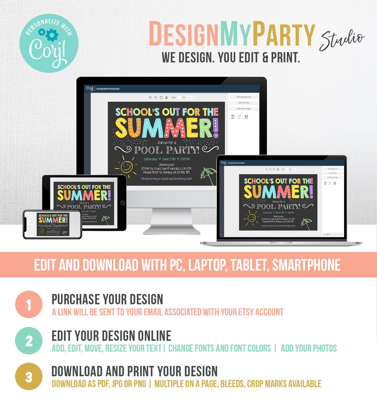 Editable School&#39;s Out For The Summer Pool Party Invitation Boy Girl Splish Splash Birthday Swimming Download Template Printable 0156