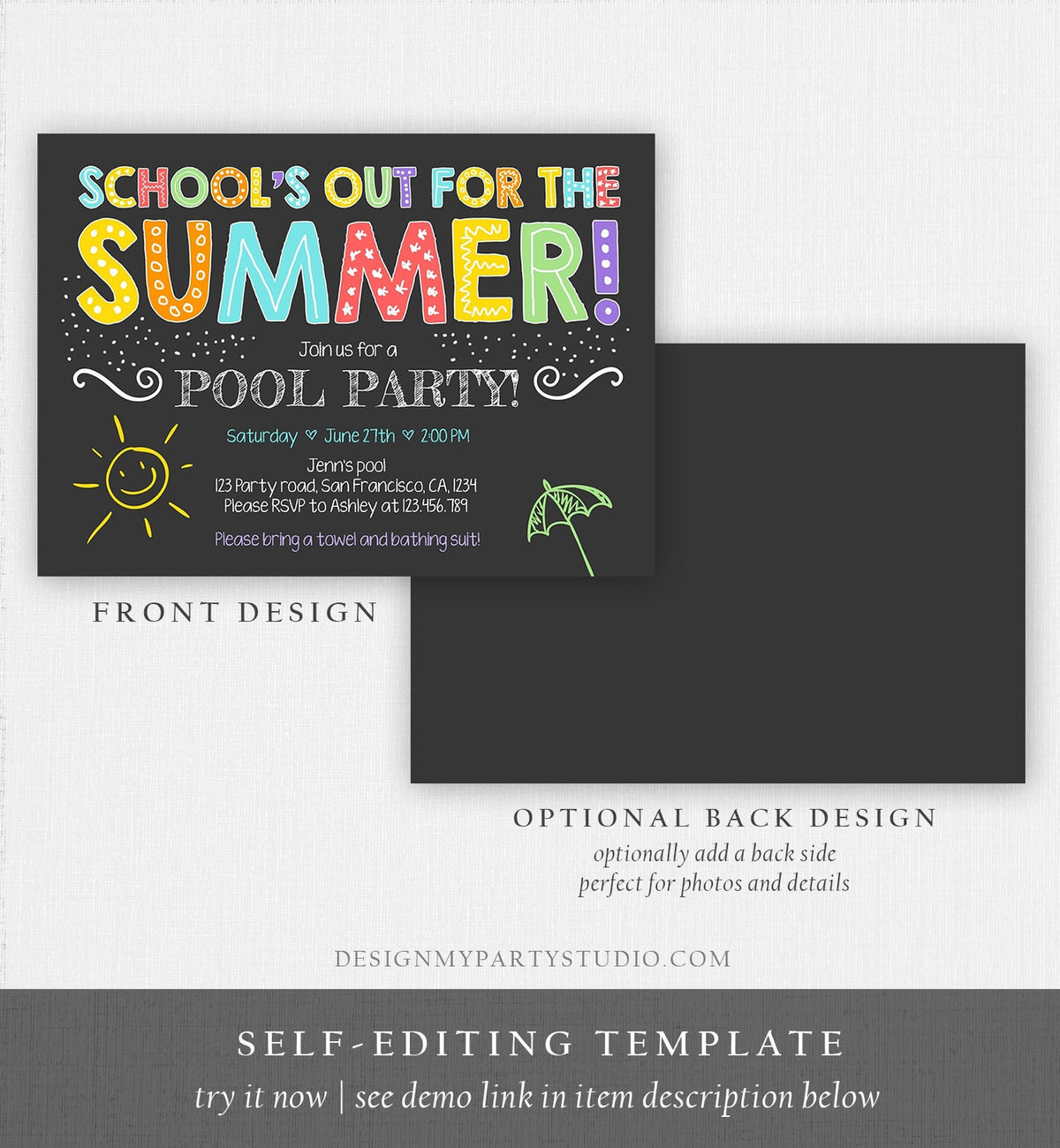 Editable School&#39;s Out For The Summer Pool Party Invitation Boy Girl Splish Splash Birthday Swimming Download Template Printable 0156
