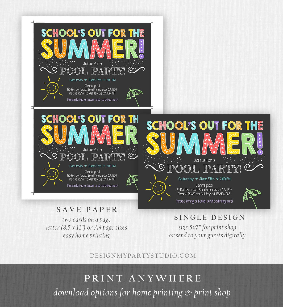 Editable School&#39;s Out For The Summer Pool Party Invitation Boy Girl Splish Splash Birthday Swimming Download Template Printable 0156
