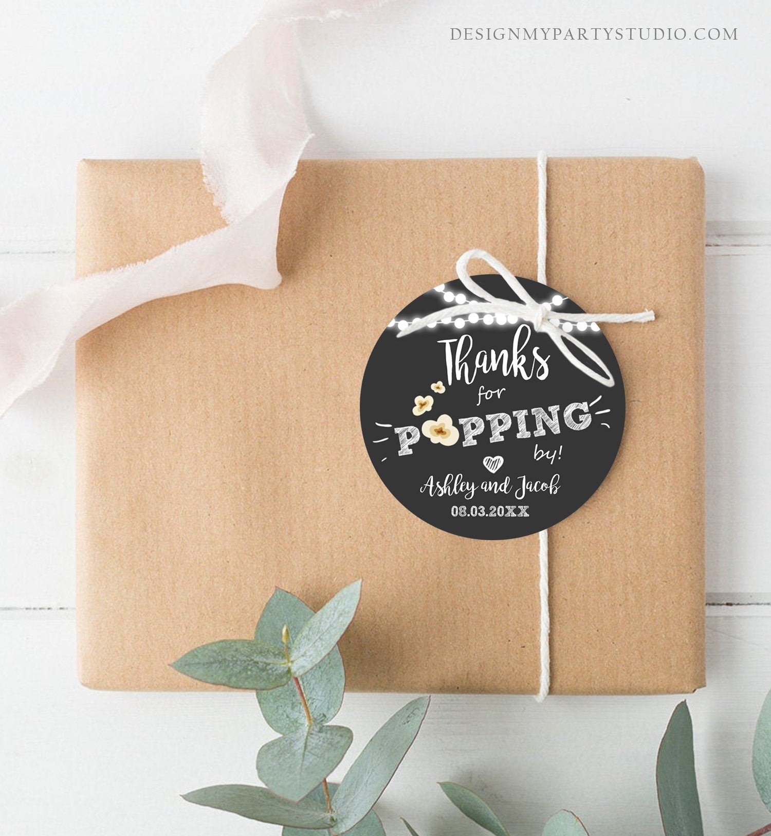Editable Thanks For Popping By Gift Popcorn Favor Tag String Lights Bridal Shower Wedding Birthday Party Stickers Template Printable 0110
