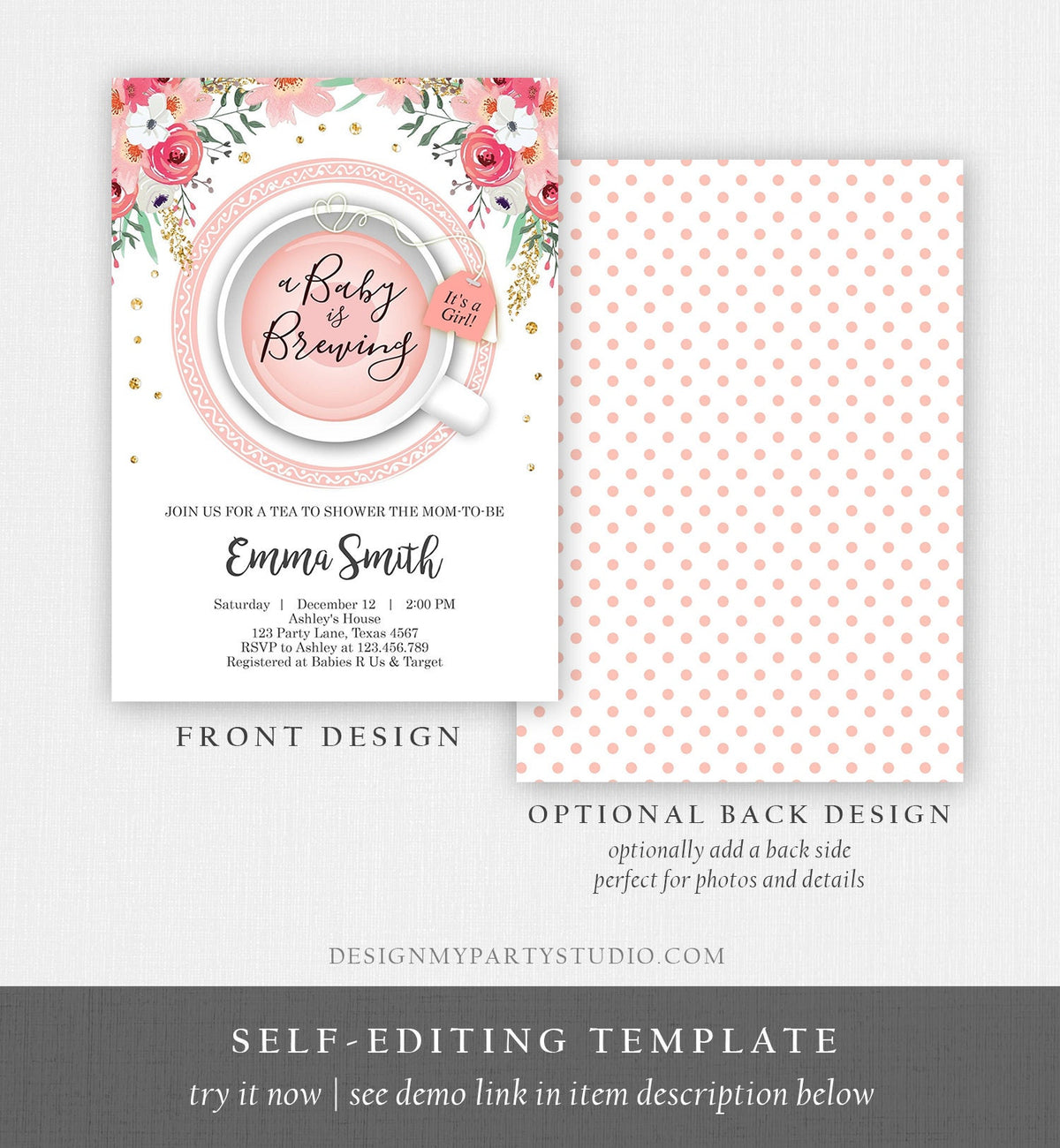 Editable a Baby is Brewing Invitation Girl Baby Shower Invite Pink and Gold Floral Tea Cup Flowers Instant Download Printable Template Corjl