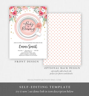 Editable a Baby is Brewing Invitation Girl Baby Shower Invite Pink and Gold Floral Tea Cup Flowers Instant Download Printable Template Corjl