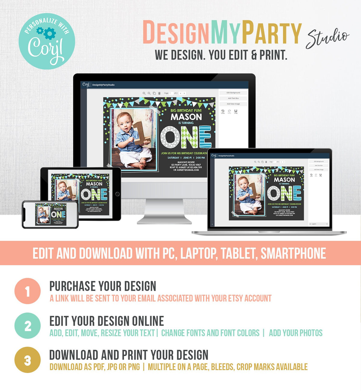 Editable Boy First Birthday Invitation One Green Blue Paper Chalk Confetti 1st Birthday Photo Digital Download Corjl Template Printable 0130