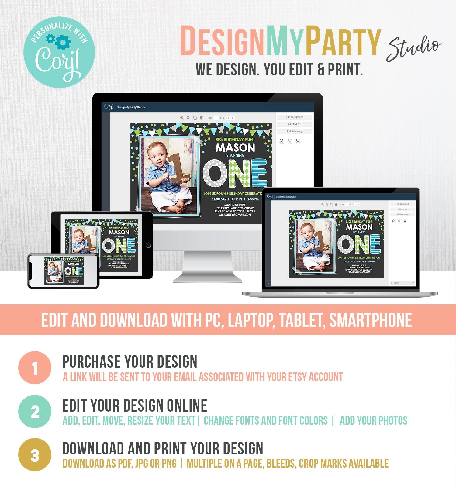 Editable Boy First Birthday Invitation One Green Blue Paper Chalk Confetti 1st Birthday Photo Digital Download Corjl Template Printable 0130