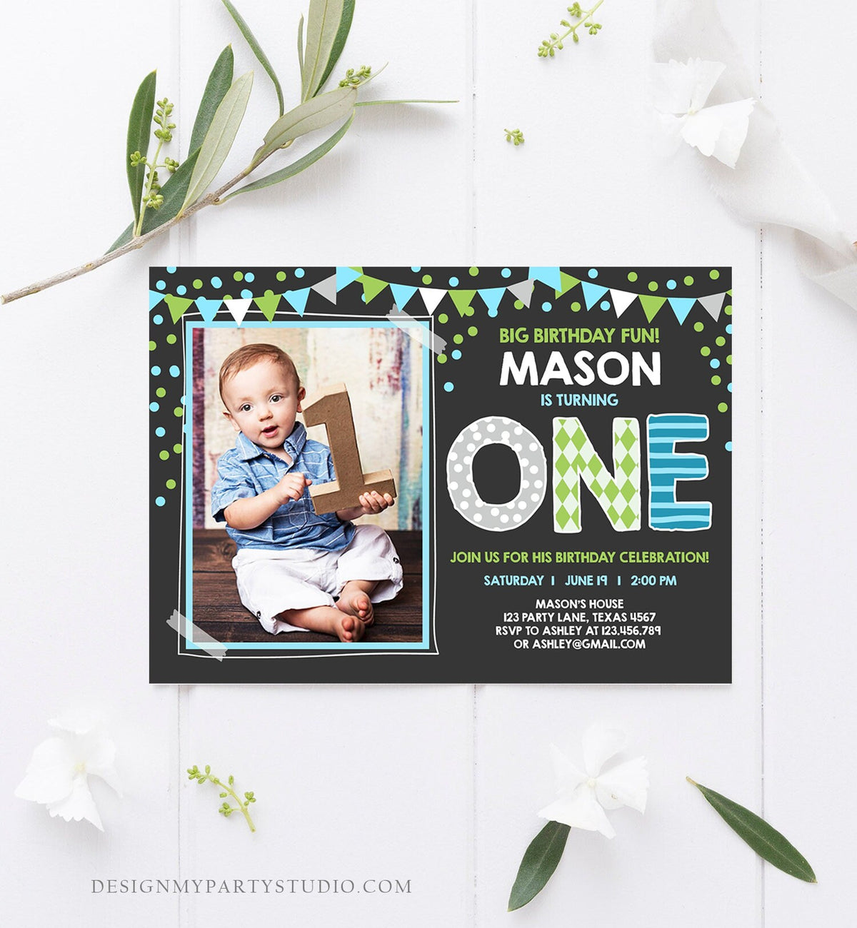 Editable Boy First Birthday Invitation One Green Blue Paper Chalk Confetti 1st Birthday Photo Digital Download Corjl Template Printable 0130