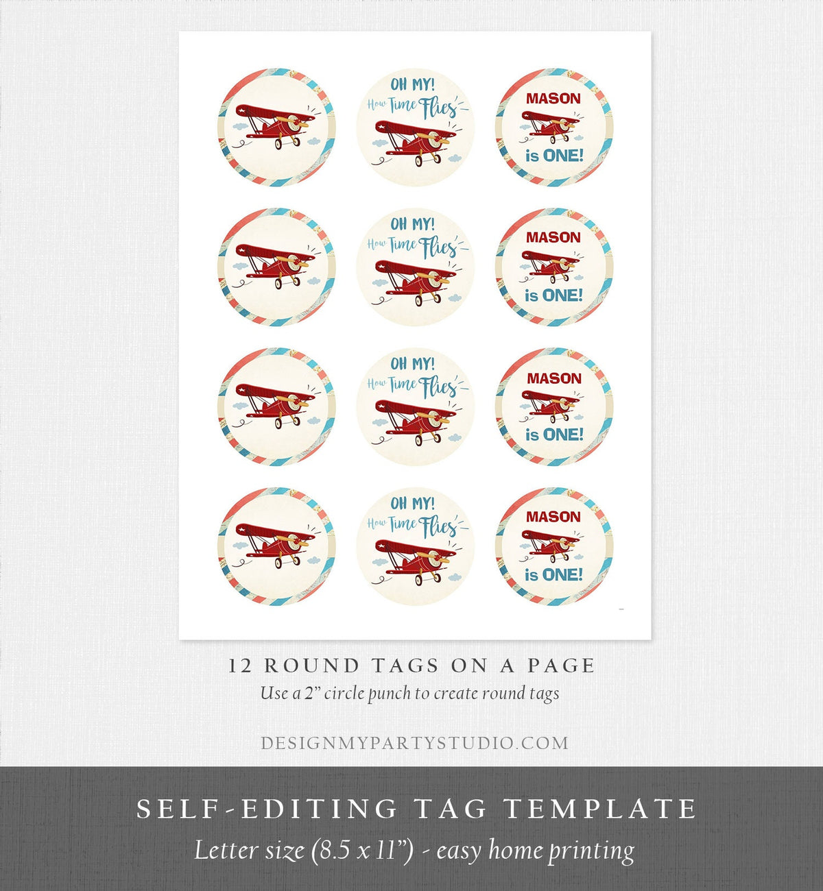 Editable Airplane Cupcake Toppers Birthday Party Round Stickers Plane Shower Boy Vintage Plane Sky Red Blue Download Template Printable 0011