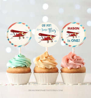 Editable Airplane Cupcake Toppers Birthday Party Round Stickers Plane Shower Boy Vintage Plane Sky Red Blue Corjl Template Printable 0011