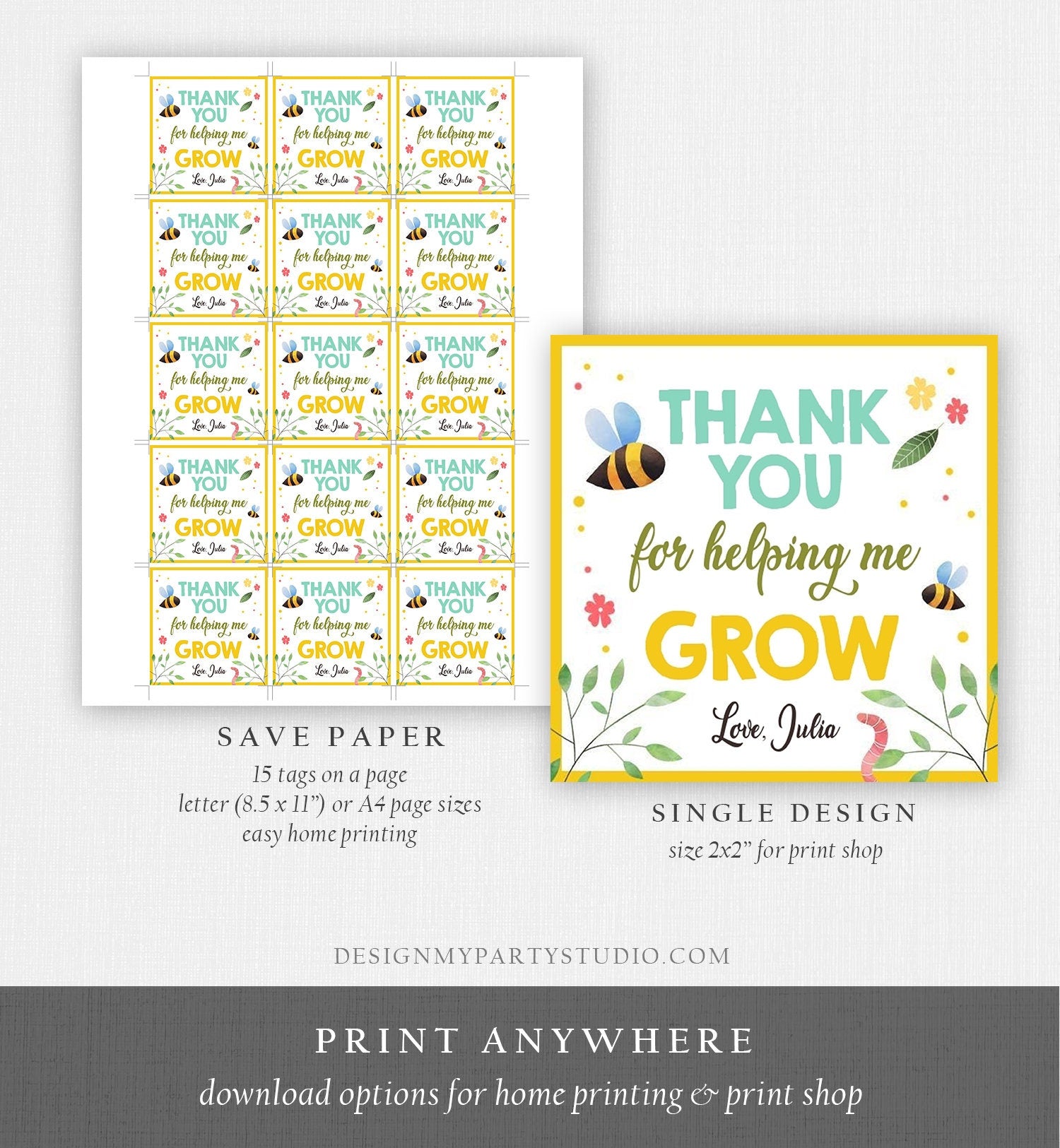 Editable Teacher Appreciation Tag Thank You for Helping Me Grow Succulent Thank You Cactus Plant Digital Download Template Printable 0464