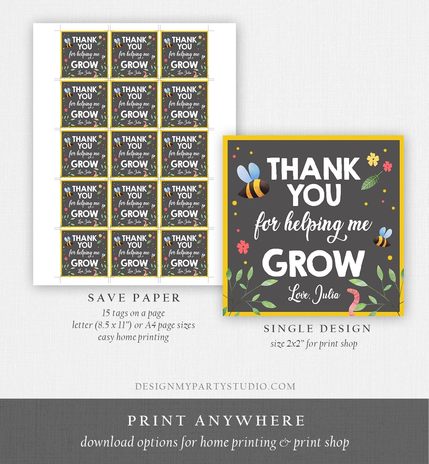 Editable Teacher Appreciation Tags Thank You for Helping me Grow Succulent Thank You Cactus Plant Tag Digital Template Printable 0464