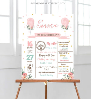 Editable Birthday Milestones Sign Floral Balloon First Birthday Girl Pink 1st Birthday Confetti Download Template Printable Corjl 0221