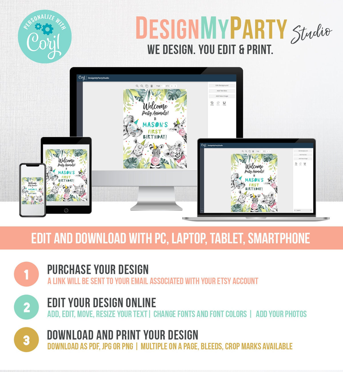 Editable Party Animals Welcome Sign Boy Birthday Party Safari Animals Sign Zoo Welcome Jungle Table Sign Digital Template Printable 0322