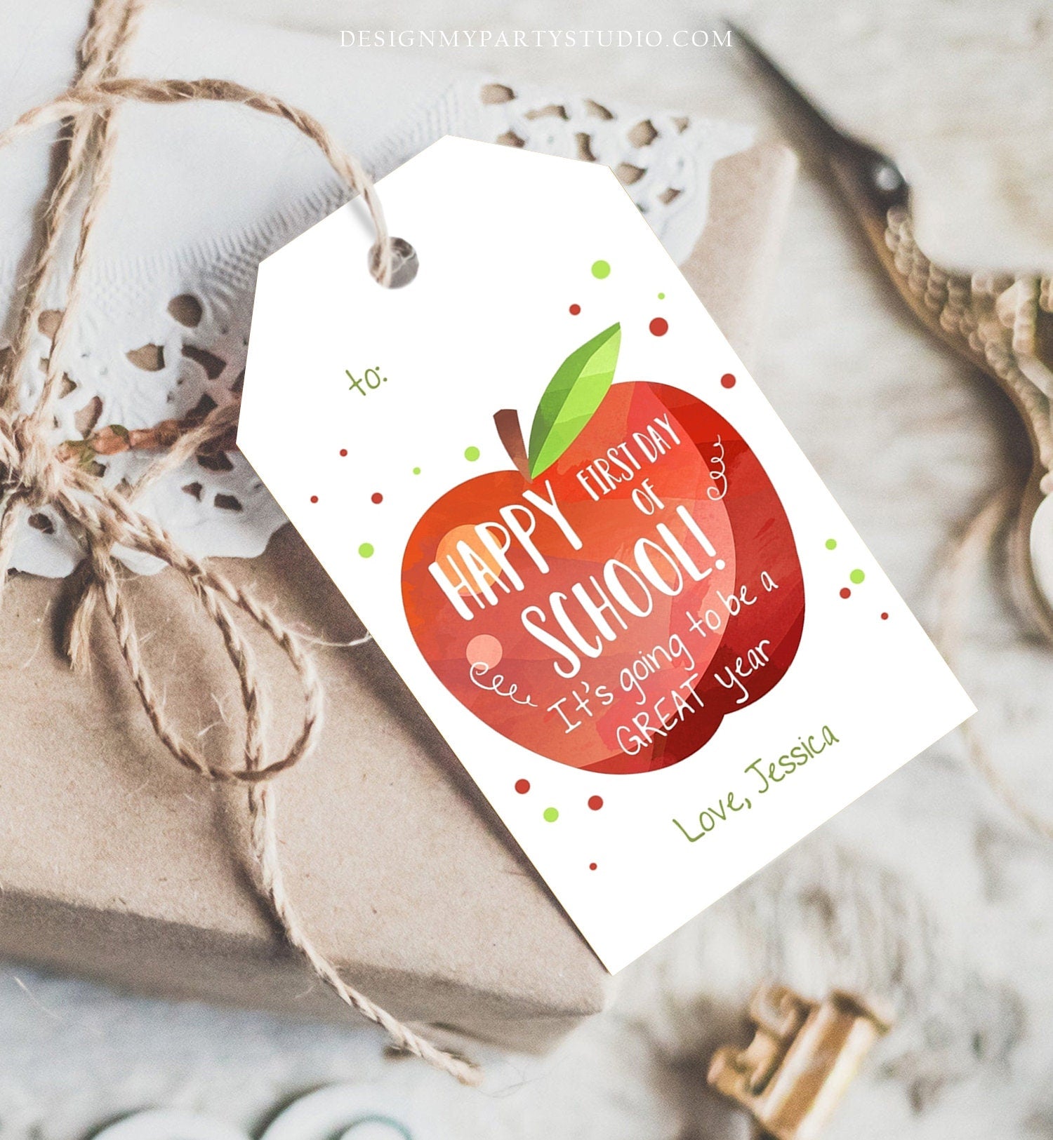 Editable Back to School Tag Happy First Day of School Gift Teacher Appreciation Thank You Classroom Apple Digital Template Printable 0464