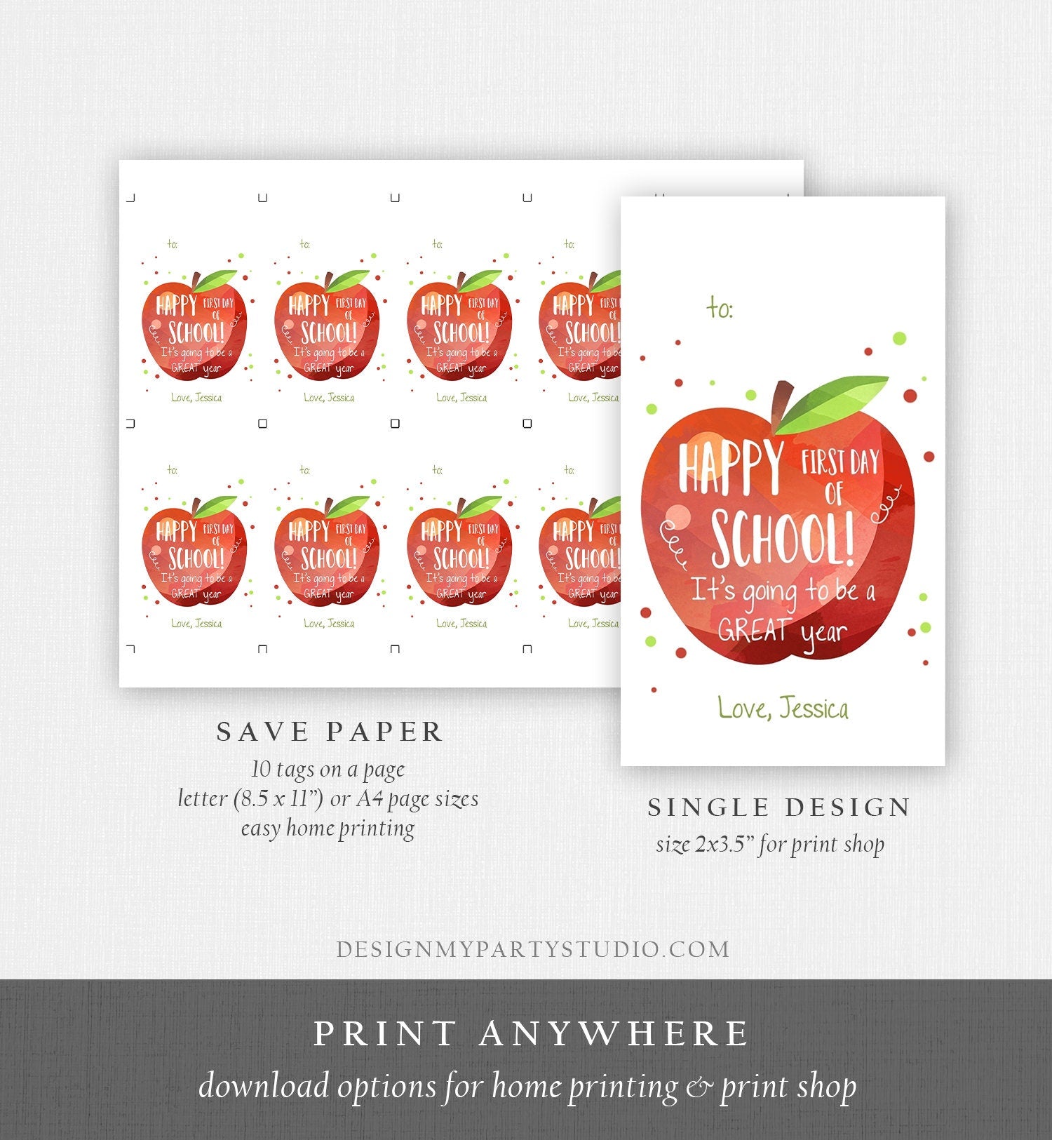Editable Back to School Tag Happy First Day of School Gift Teacher Appreciation Thank You Classroom Apple Digital Template Printable 0464