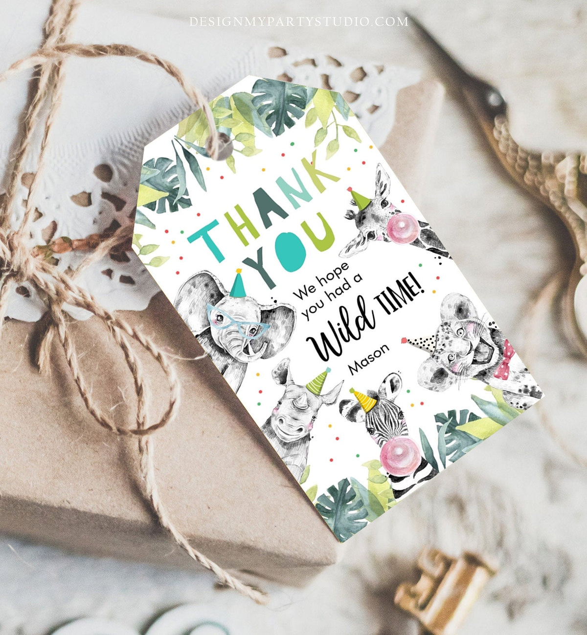 Editable Party Animals Favor Tags Boy Wild One Safari Animals Thank You Tags Zoo Birthday Wild Time Gift Tag Digital Corjl Template 0322