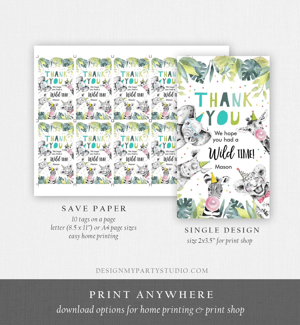 Editable Party Animals Favor Tags Boy Wild One Safari Animals Thank You Tags Zoo Birthday Wild Time Gift Tag Digital Corjl Template 0322