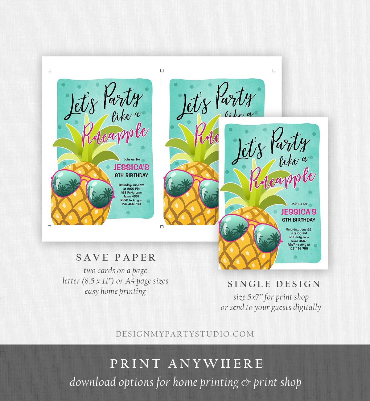Editable Pineapple Birthday Invitation Lets Party Like a Pineapple Invite Tropical Party Aloha Girl Download Printable Template Corjl 0203
