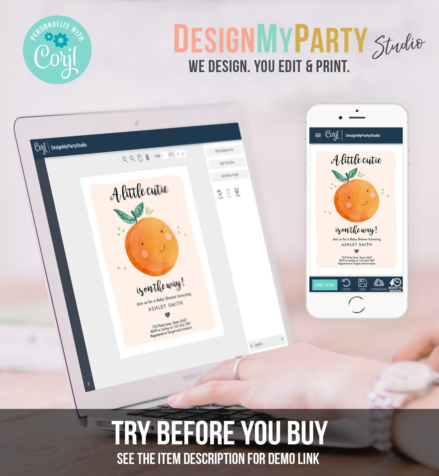 Editable A Little Cutie is on The Way Baby Shower Invitation Clementine Orange Coed Shower Neutral Digital Evite Template Printable 0330