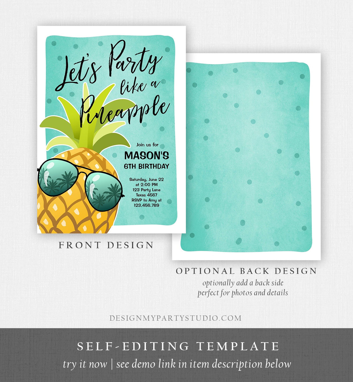 Editable Pineapple Birthday Invitation Lets Party Like a Pineapple Invite Tropical Party Aloha Boy Download Printable Template Corjl 0203