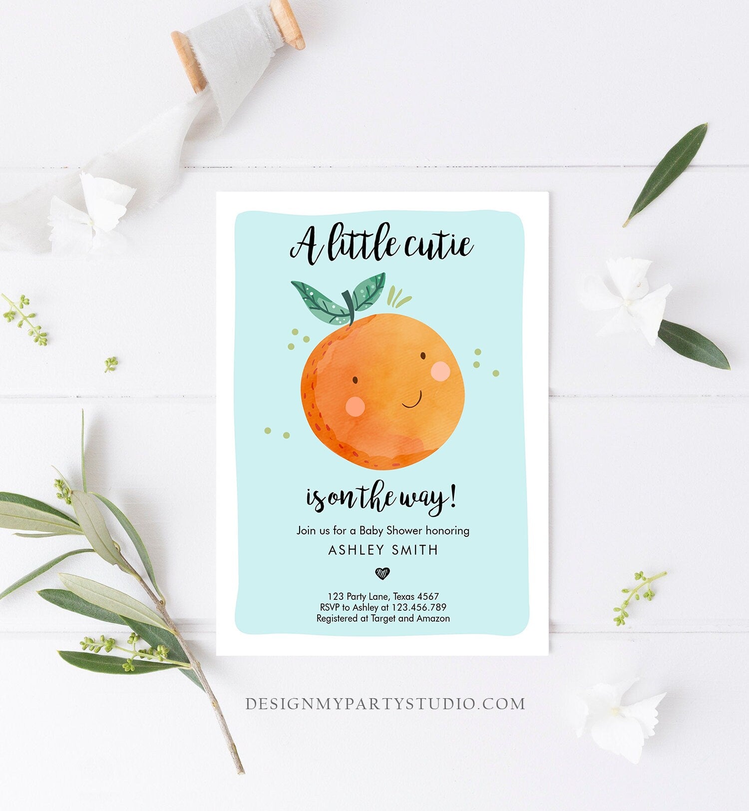 Editable A Little Cutie is on The Way Baby Shower Invitation Clementine Orange Coed Shower Boy Blue Download Printable Corjl Template 0330