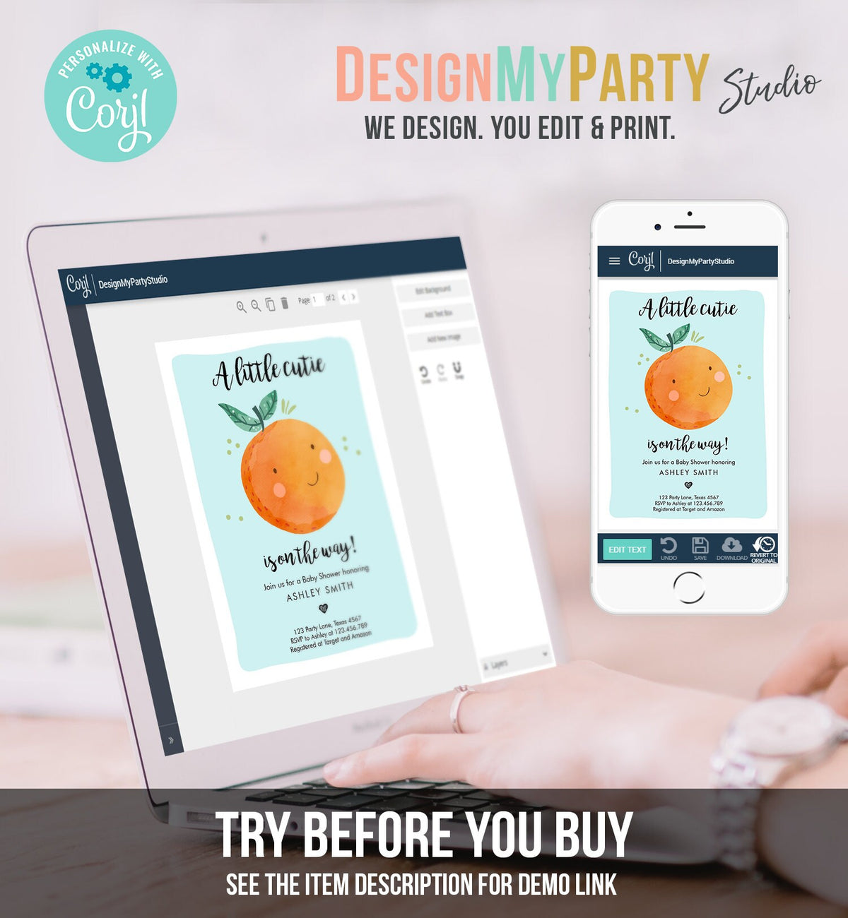 Editable A Little Cutie is on The Way Baby Shower Invitation Clementine Orange Coed Shower Boy Blue Digital Download Template Printable 0330