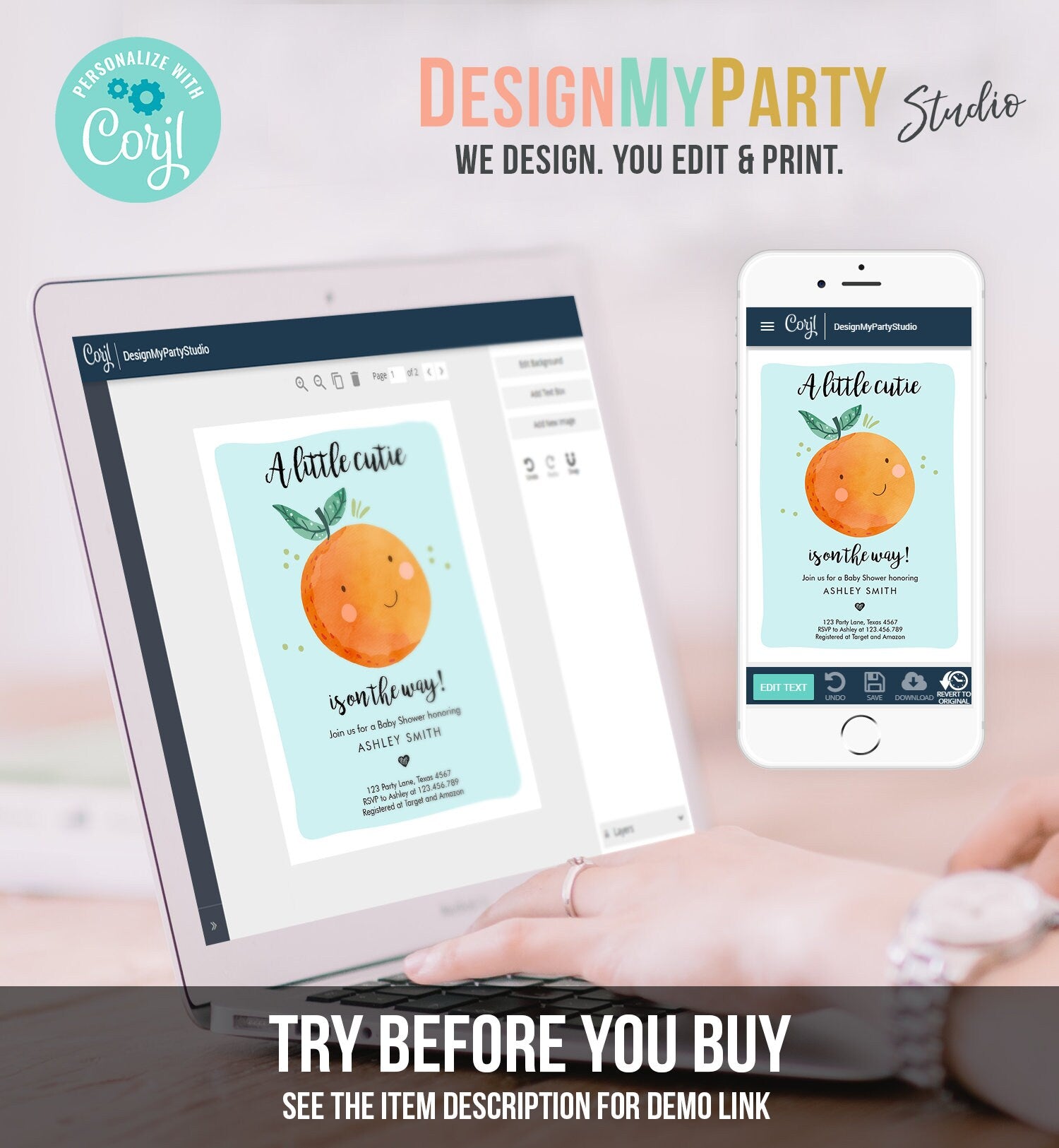 Editable A Little Cutie is on The Way Baby Shower Invitation Clementine Orange Coed Shower Boy Blue Digital Download Template Printable 0330