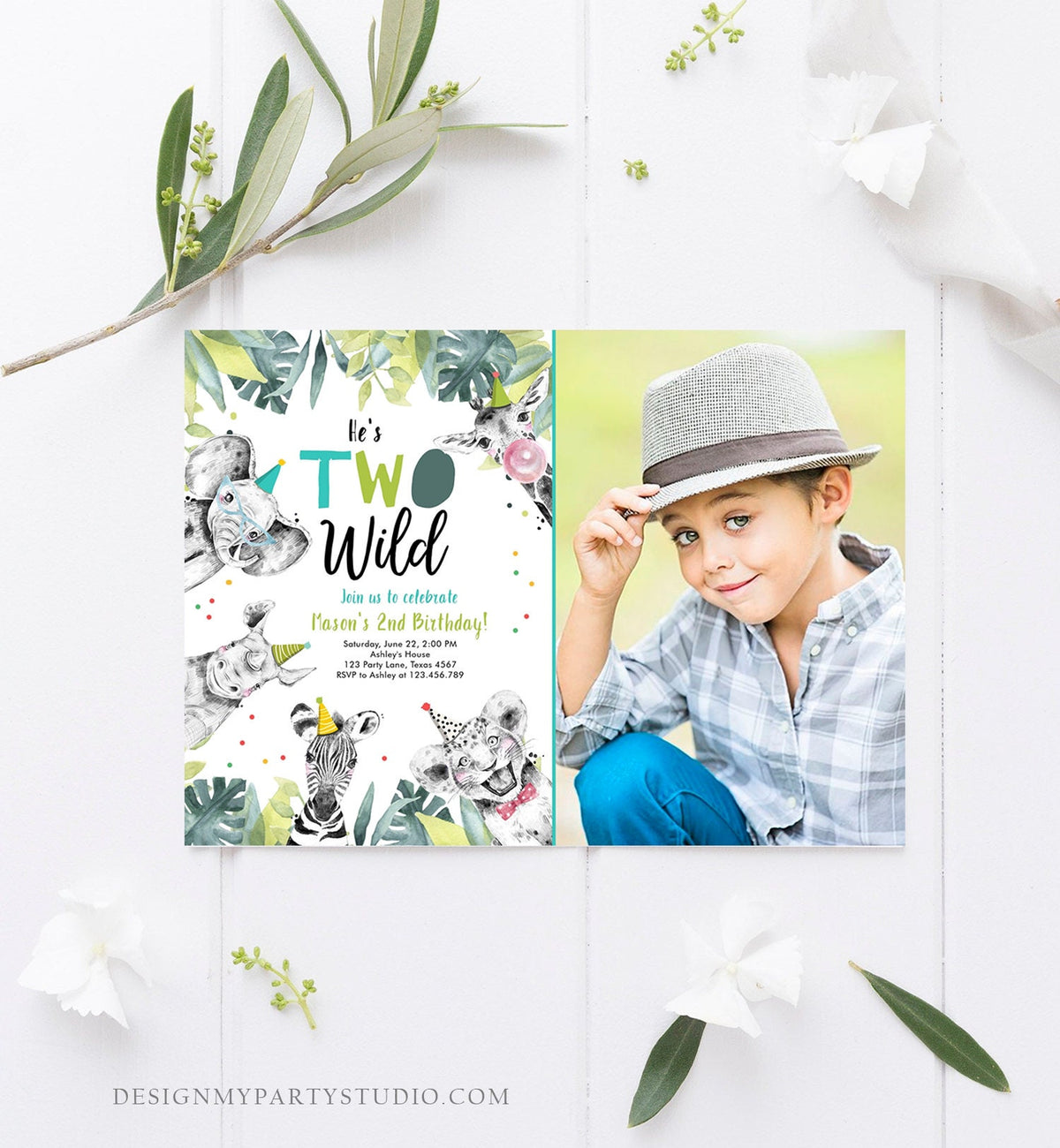 Editable Two Wild Birthday Invitation Boy First Birthday 1st Safari Animals Jungle Zoo Party Animals Digital Corjl Template Printable 0322