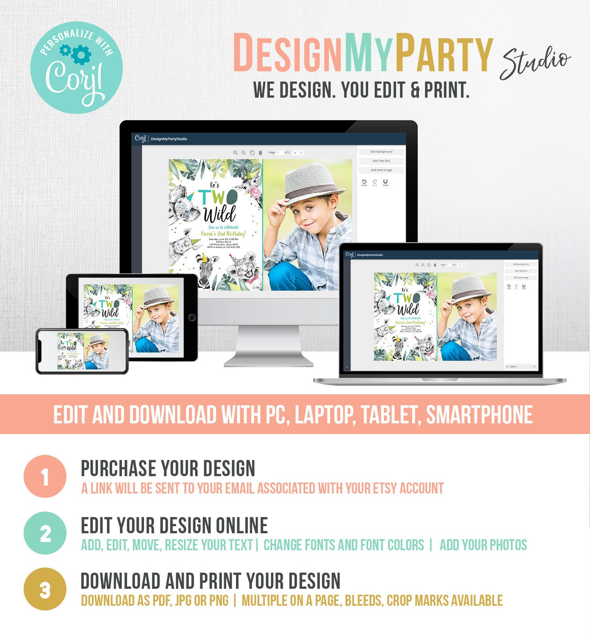 Editable Two Wild Birthday Invitation Boy First Birthday 1st Safari Animals Jungle Zoo Party Animals Digital Corjl Template Printable 0322