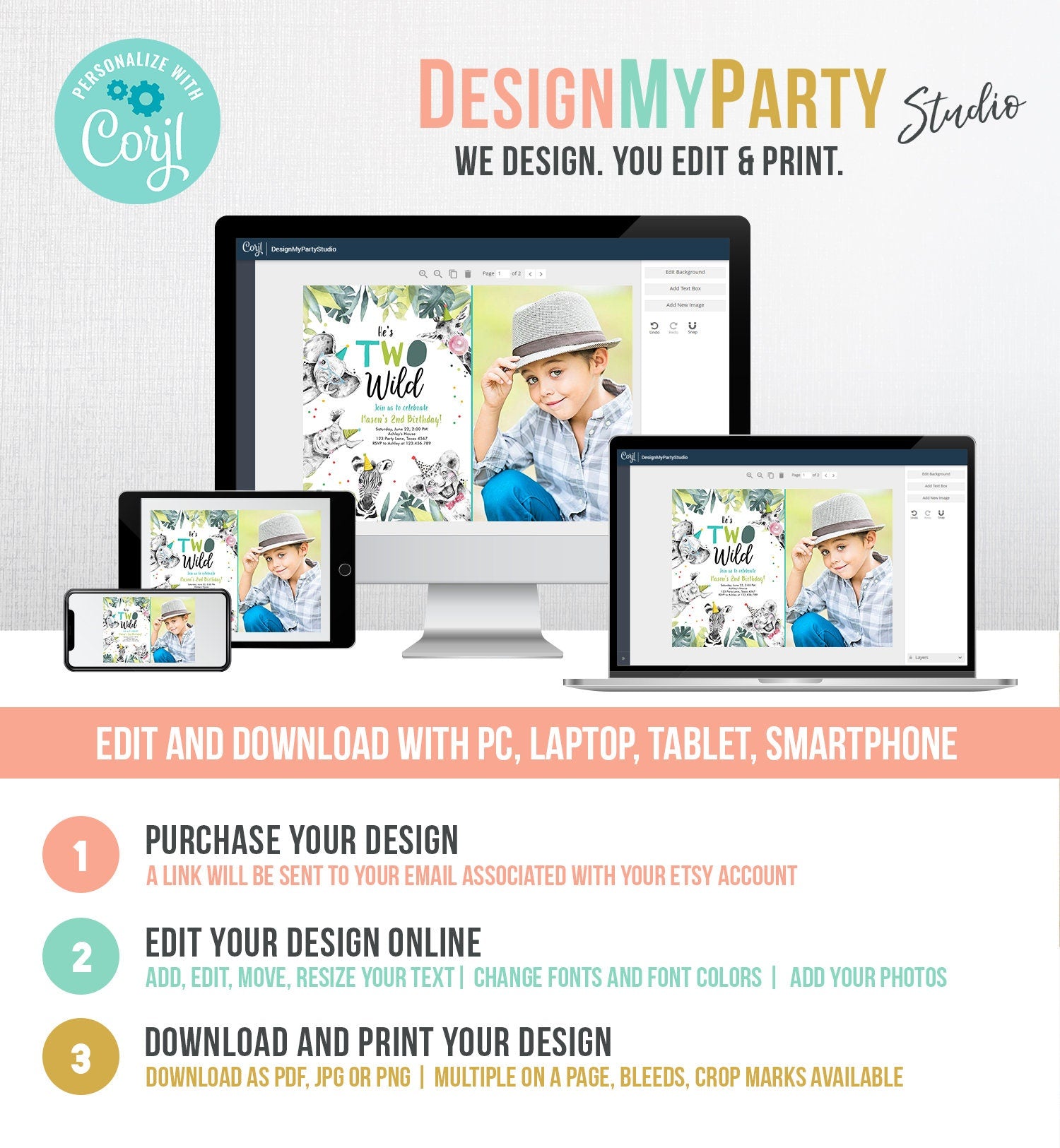 Editable Two Wild Birthday Invitation Boy First Birthday 1st Safari Animals Jungle Zoo Party Animals Digital Corjl Template Printable 0322