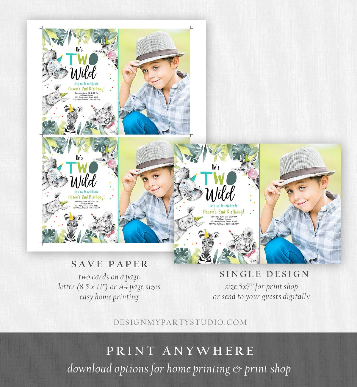 Editable Two Wild Birthday Invitation Boy First Birthday 1st Safari Animals Jungle Zoo Party Animals Digital Corjl Template Printable 0322