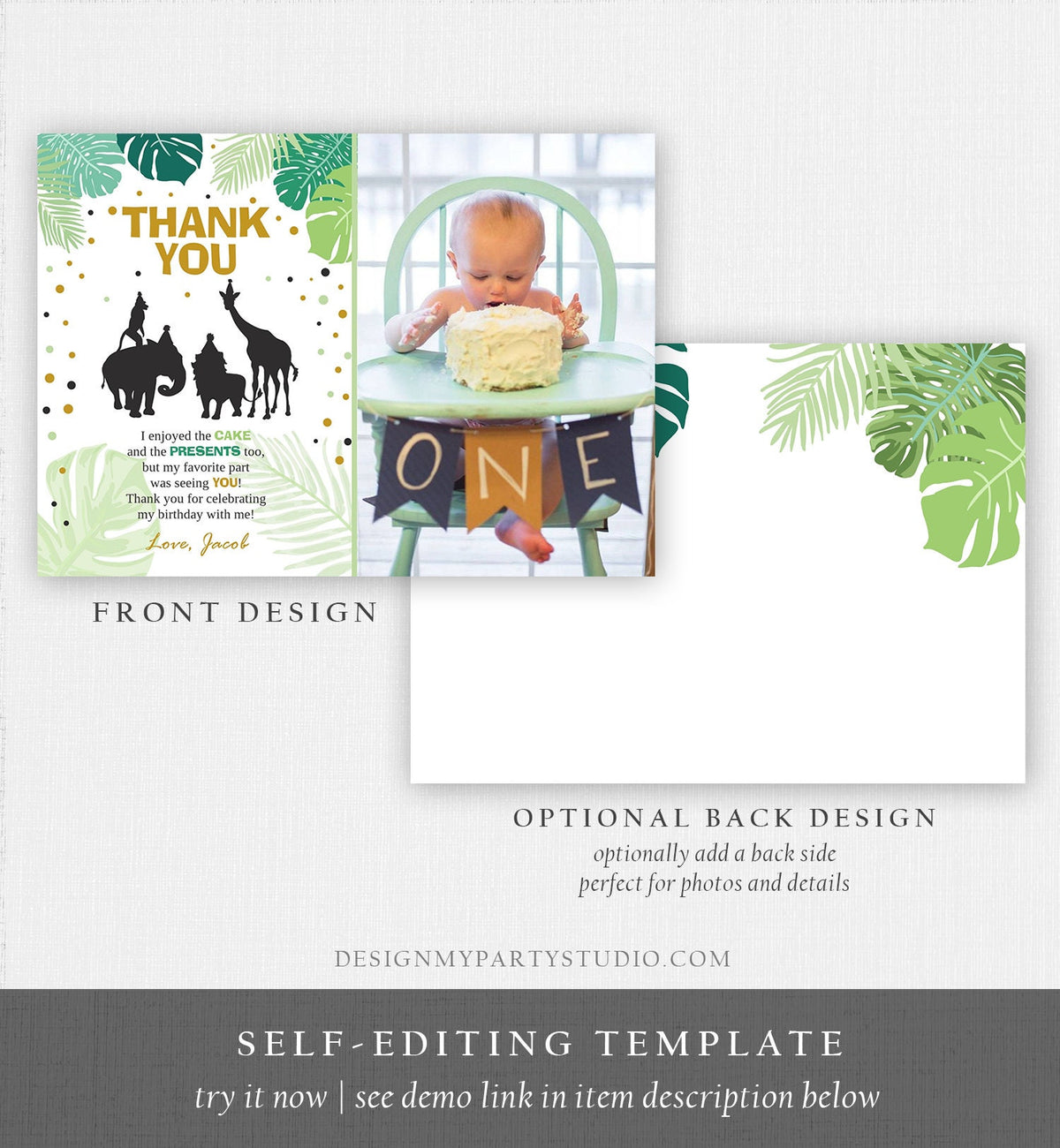 Editable Safari Animals Thank You Card Wild One Thank You Note Black Gold Boy Jungle Zoo Animals Printable Corjl Template Digital 0016