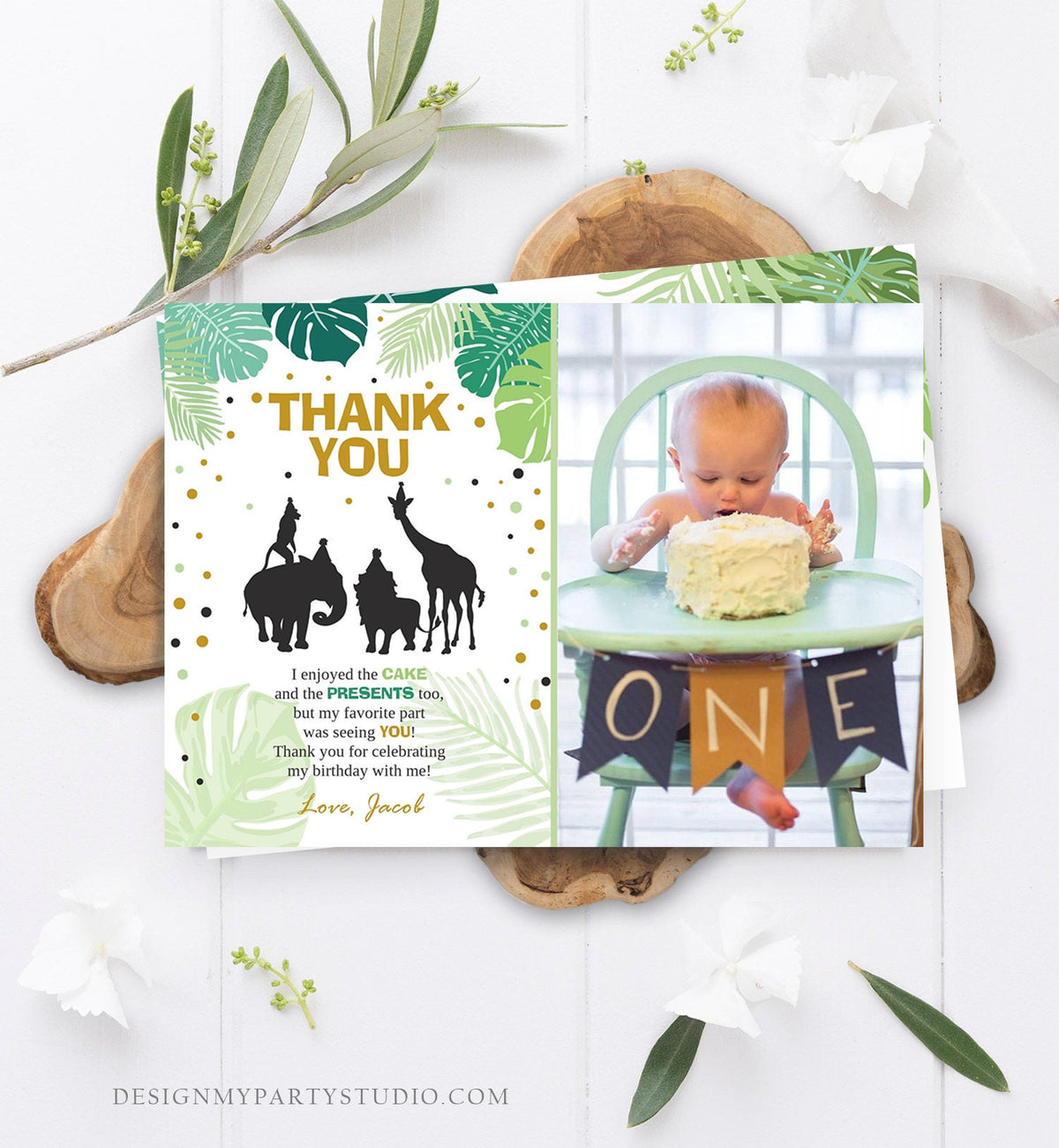 Editable Safari Animals Thank You Card Wild One Thank You Note Black Gold Boy Jungle Zoo Animals Printable Corjl Template Digital 0016