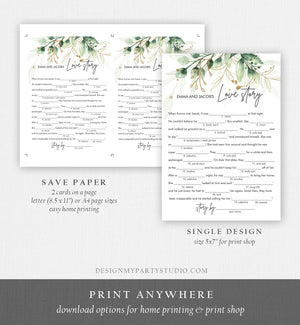 Editable Love Story Bridal Shower Game Greenery Funny Wedding Shower Activity Gold Leaves Botanical Boho Corjl Template Printable 0168