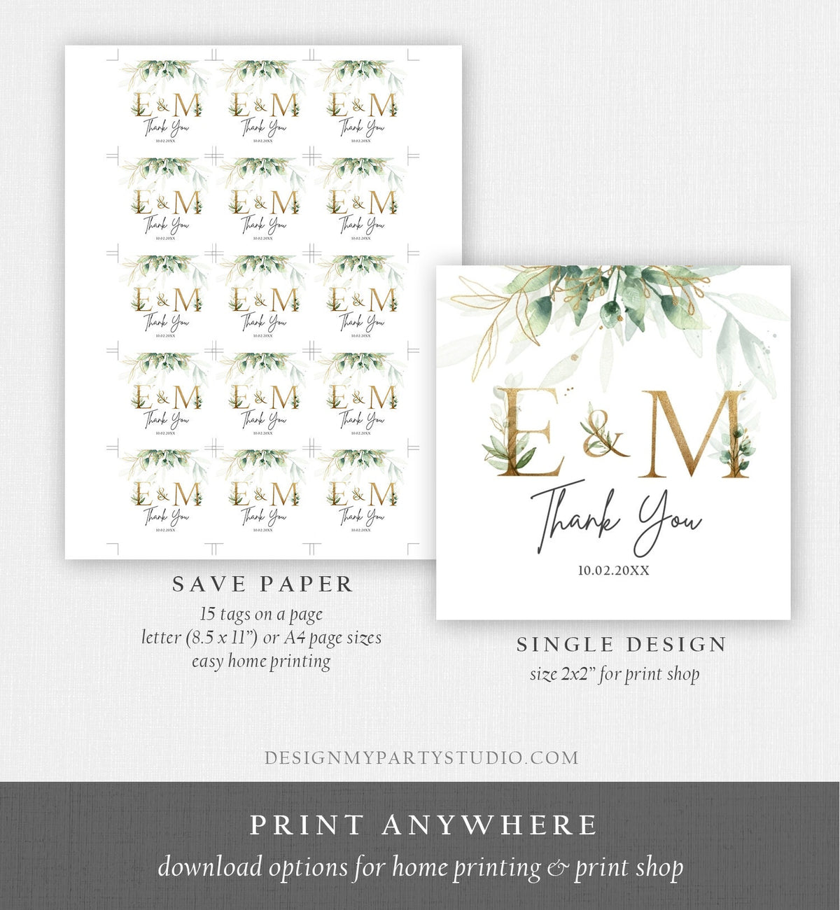 Editable Gold Greenery Favor Tag Monogram Round Square Thank You Tag Sticker Gold Leaves Botanical Bohemian Corjl Template Printable 0168