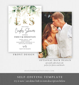 Editable Gold Greenery Monogram Couples Shower Invitation Bohemian Green Floral Gold Bridal Botanical Flowers Corjl Template Printable 0168
