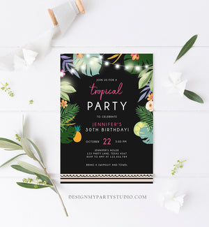 Editable Tropical Birthday Invitation Tropical Party Adult 30th 40th Birthday Pink Woman Palm Leaves Hawaiian Printable Template Corjl 0183
