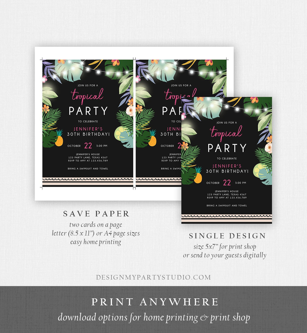 Editable Tropical Birthday Invitation Tropical Party Adult 30th 40th Birthday Woman Palm Leaves Hawaiian Digital Template Printable 0183