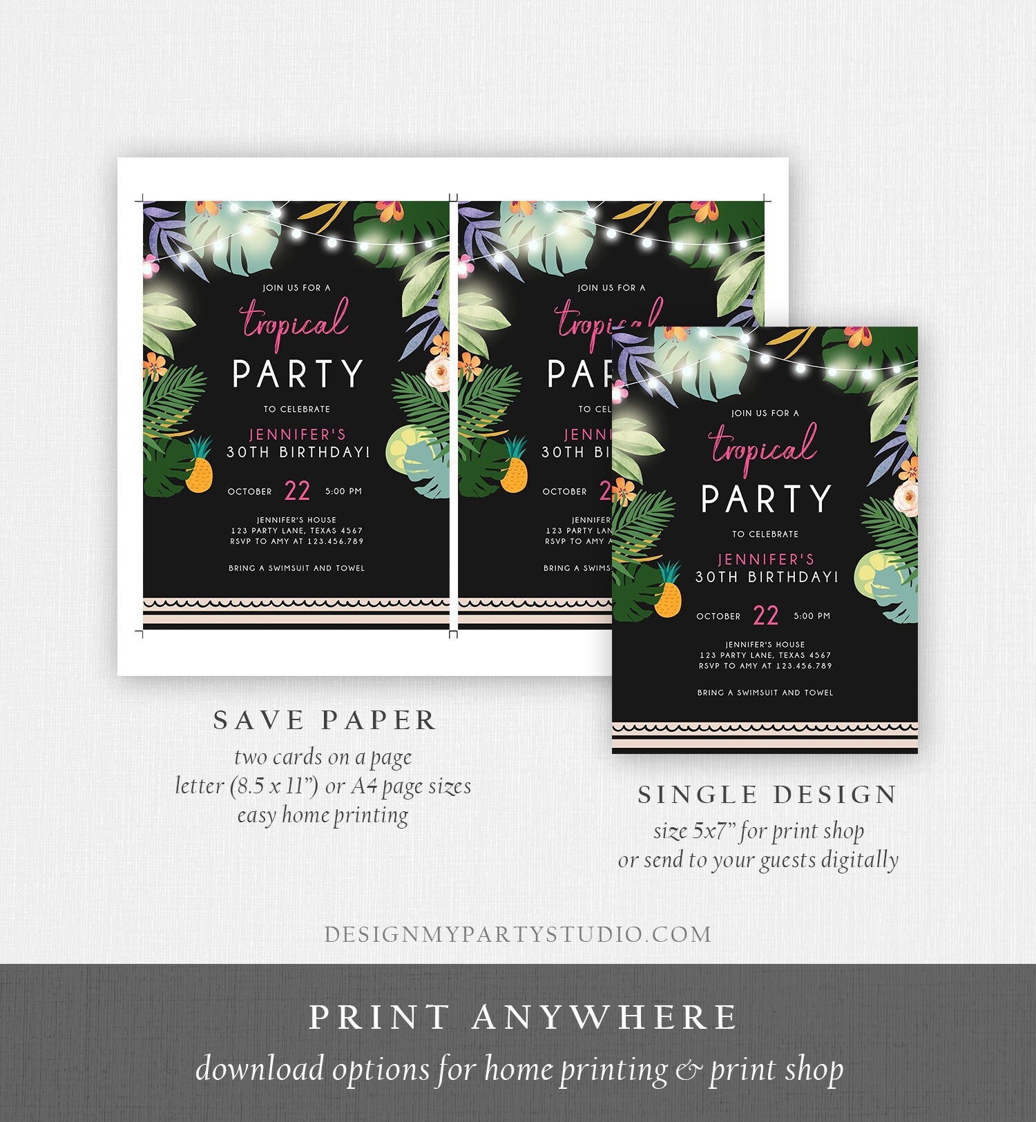 Editable Tropical Birthday Invitation Tropical Party Adult 30th 40th Birthday Woman Palm Leaves Hawaiian Digital Template Printable 0183