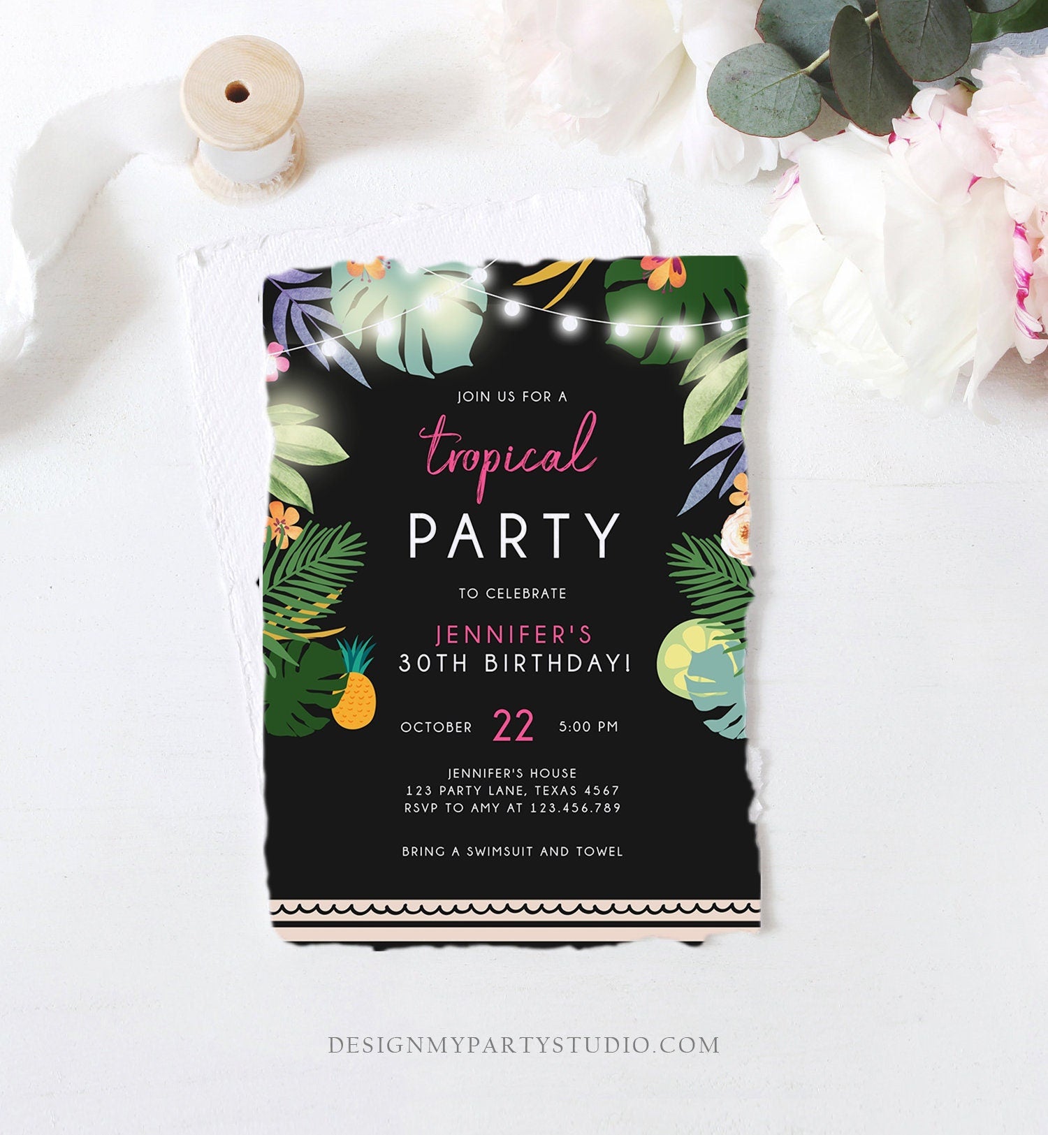 Editable Tropical Birthday Invitation Tropical Party Adult 30th 40th Birthday Woman Palm Leaves Hawaiian Digital Template Printable 0183