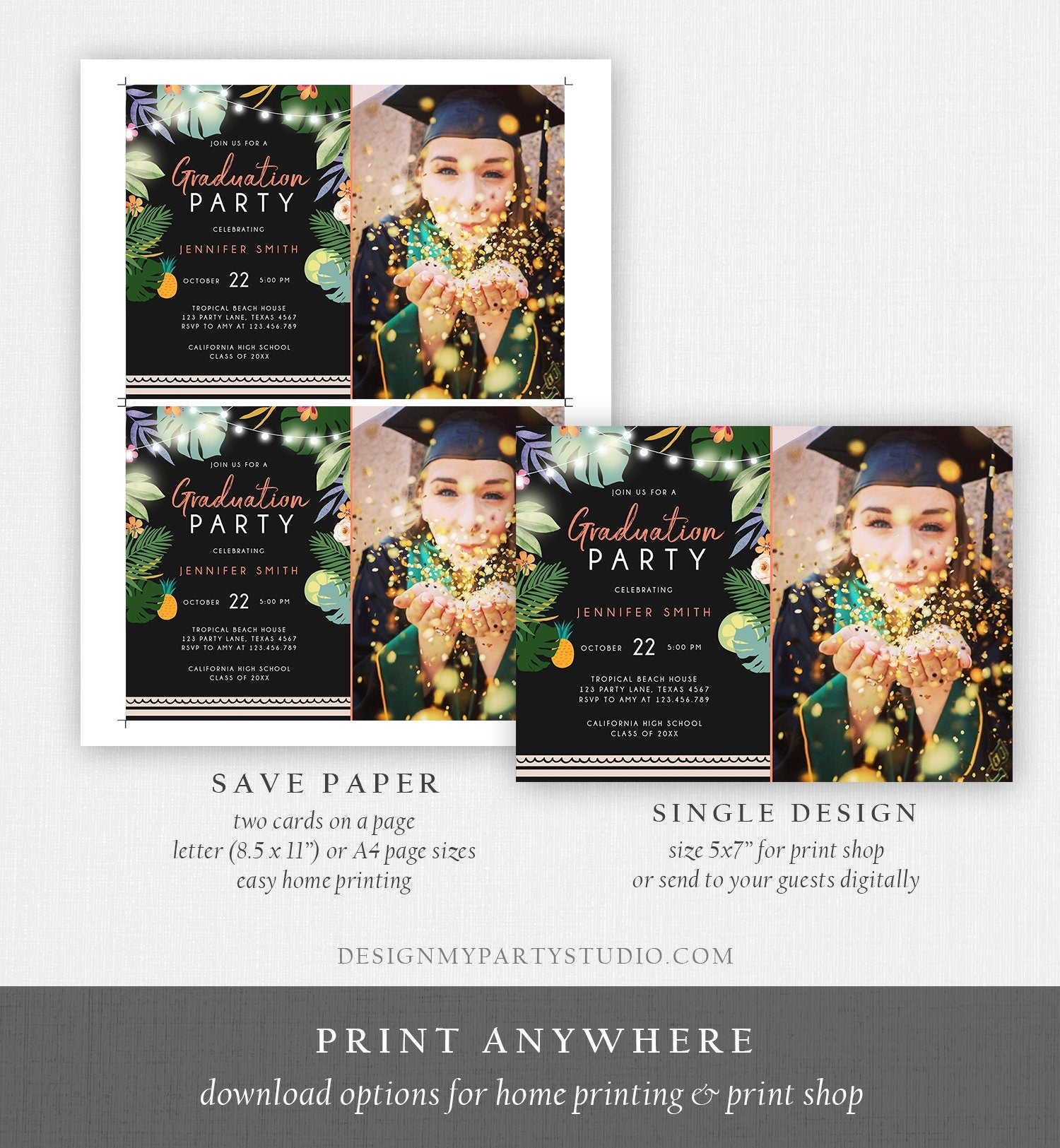Editable Tropical Graduation Party Invitation Luau Class of College High School Grad Party Palm Graduate Hawaiian Template Corjl 0183