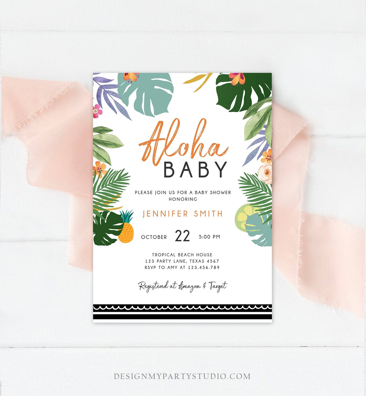 Editable Tropical Baby Shower Invitation Oh Baby Aloha Coed Shower Party Sprinkle Luau Palm Hawaiian Beach Digital Template Printable 0183